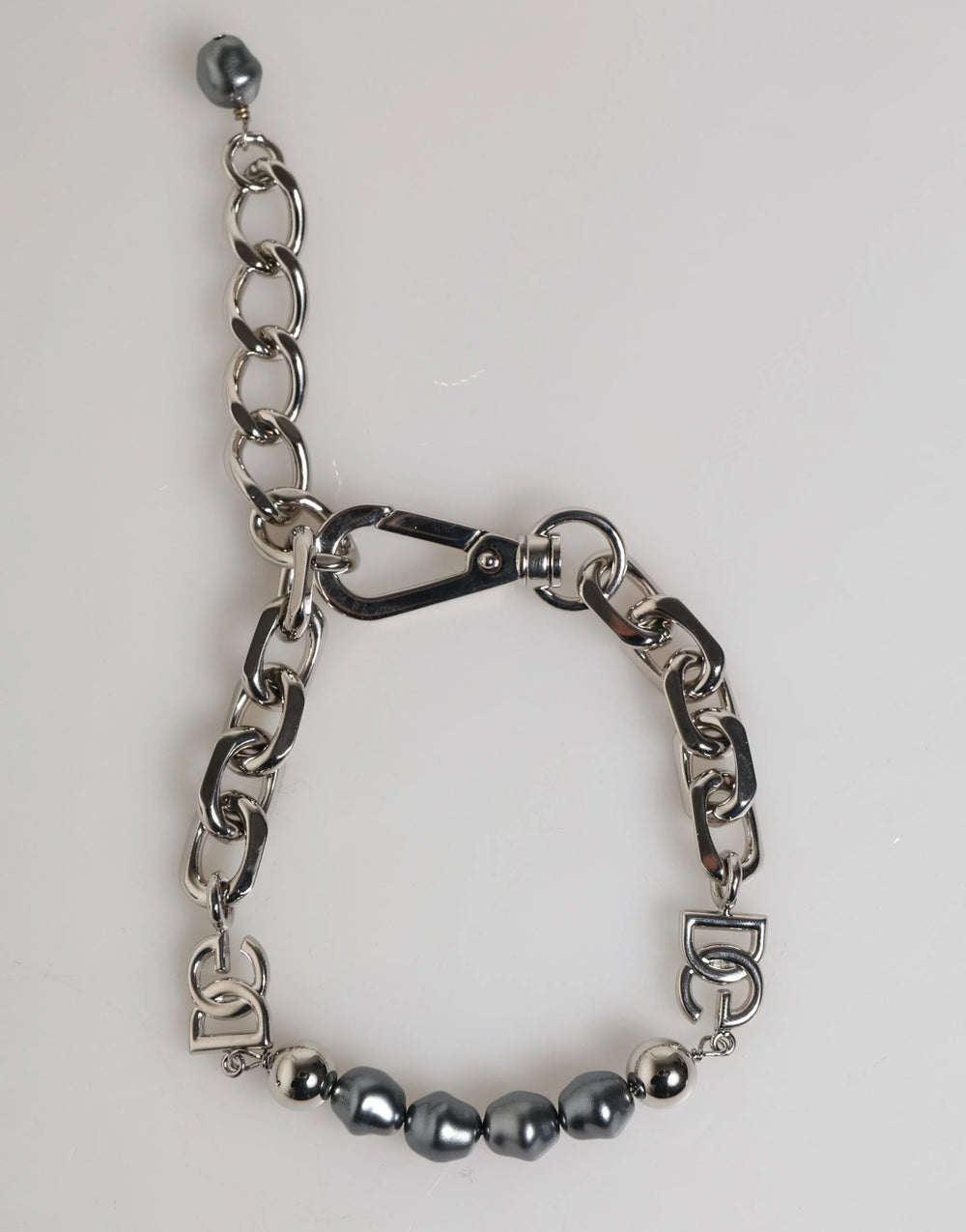 Dolce & Gabbana Silver Tone Chain Lobster Clasp Logo Gray Pearls Bracelet