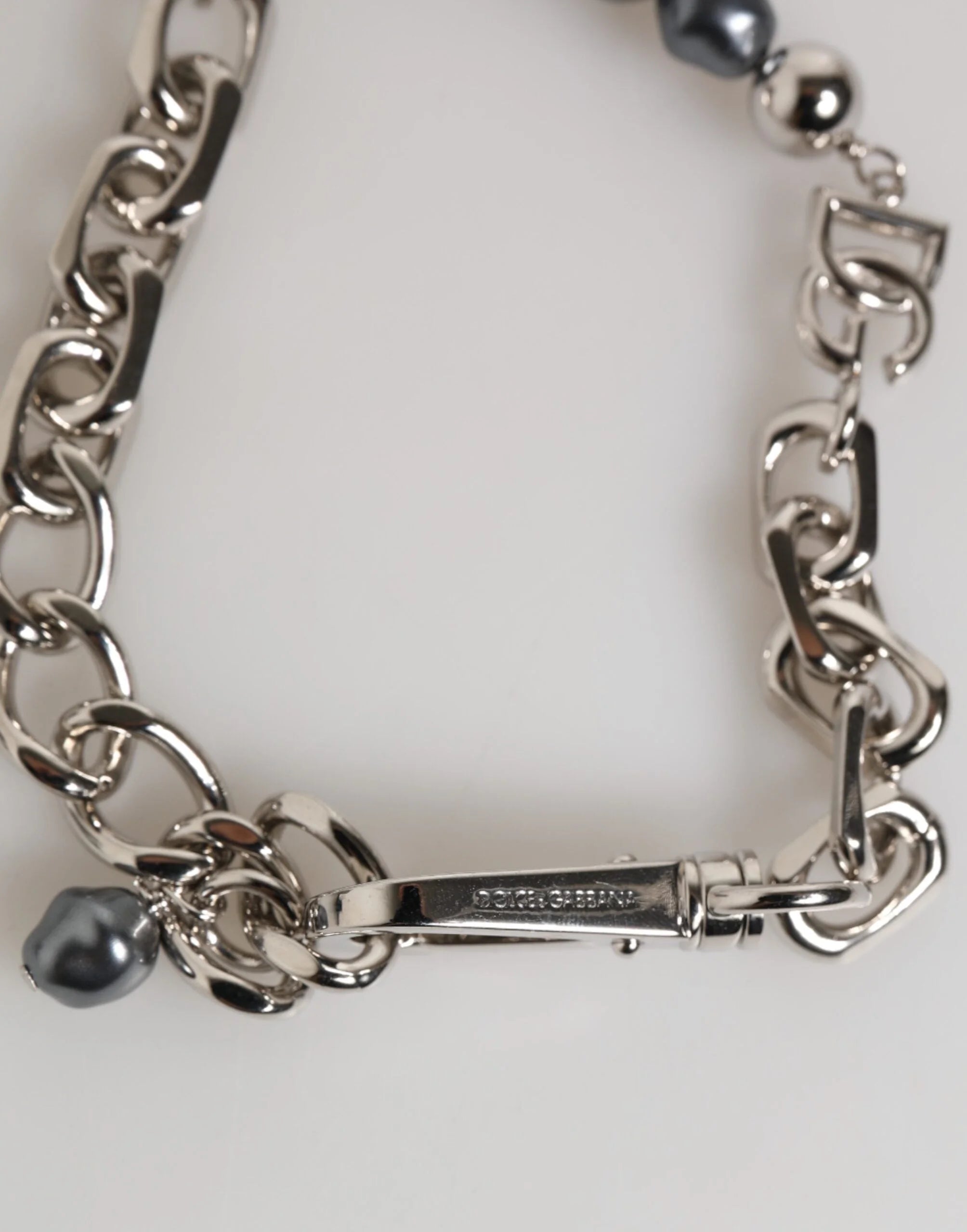 Dolce & Gabbana Silver Tone Chain Lobster Clasp Logo Gray Pearls Bracelet - Bracelets
