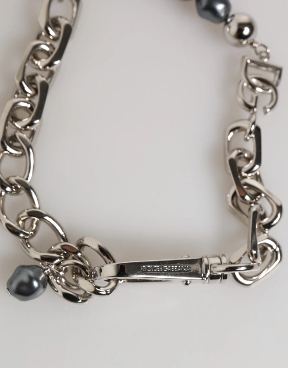 Dolce & Gabbana Silver Tone Chain Lobster Clasp Logo Gray Pearls Bracelet - Bracelets