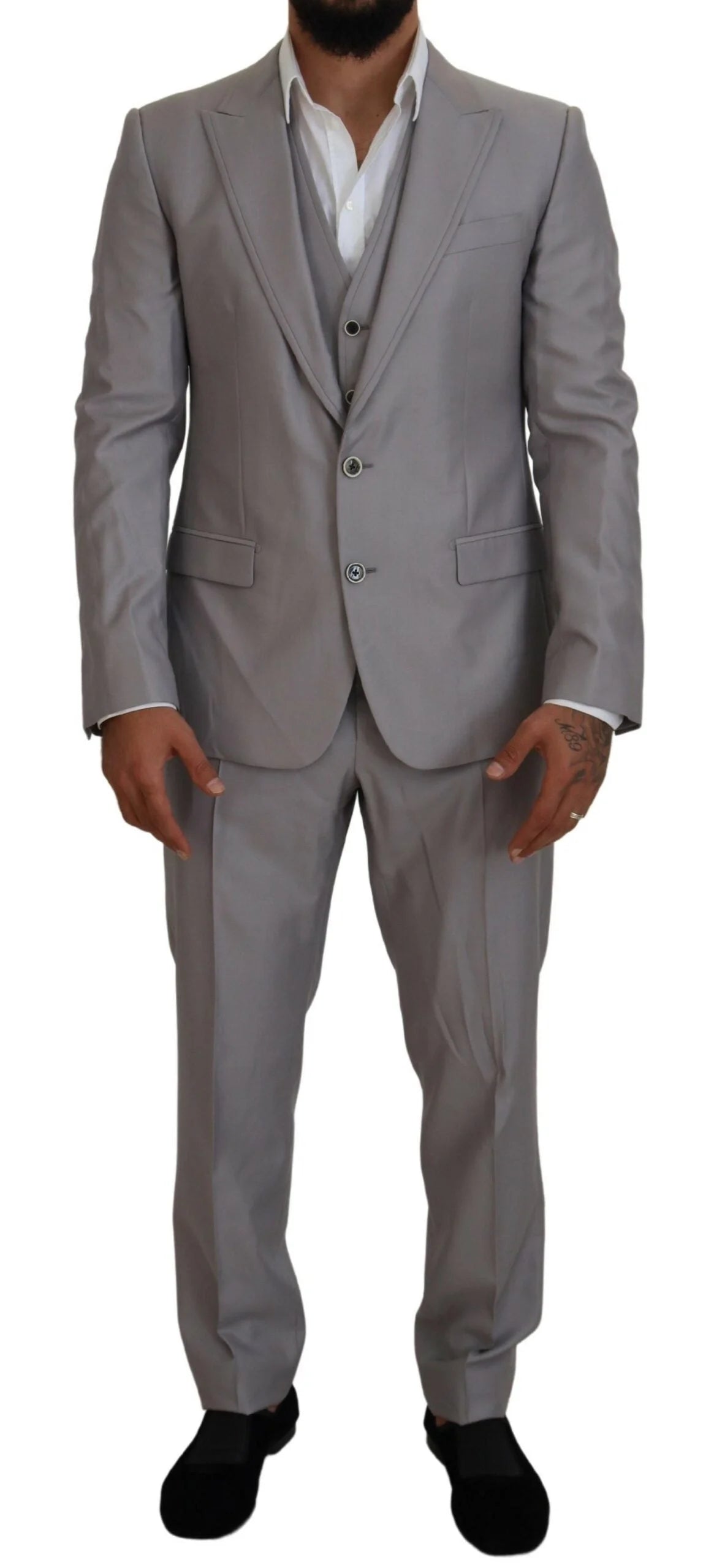 Dolce & Gabbana Silver Wool Silk 3 Piece Slim Fit Suit - IT52 | L - Suits