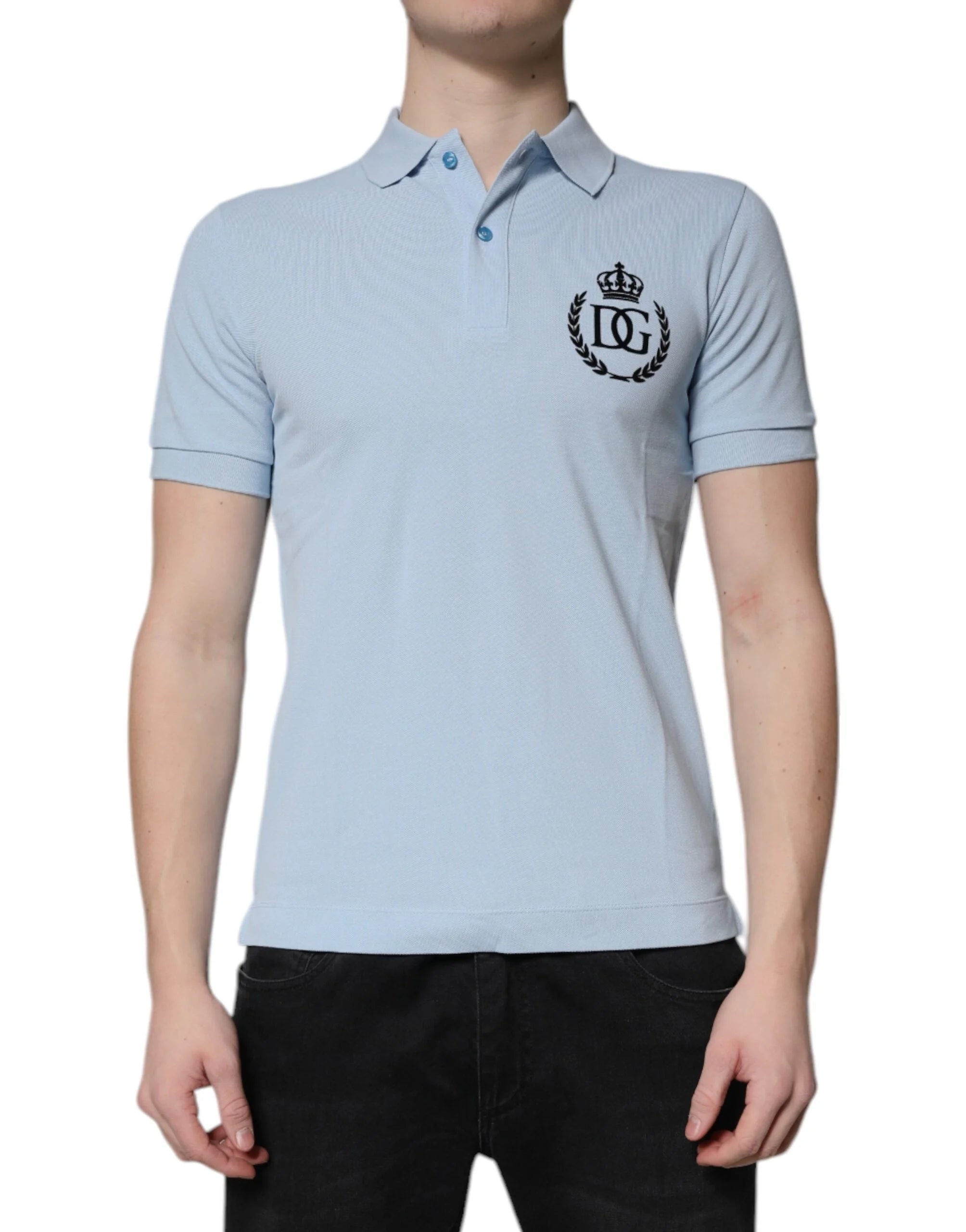 Dolce & Gabbana Sky Blue Cotton Crown Collared Polo T-shirt - Polos