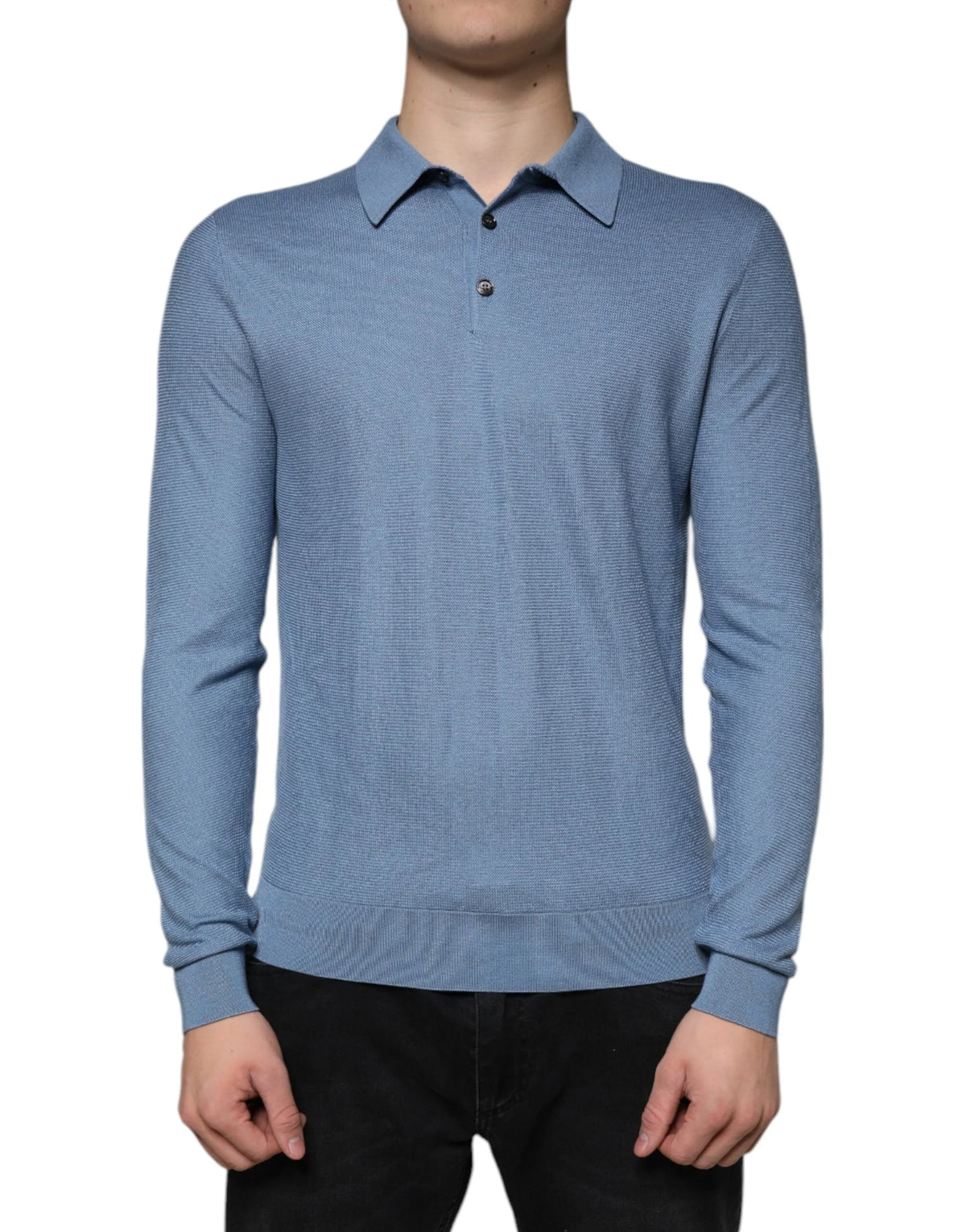 Dolce & Gabbana Sky Blue Silk Collared Men Pullover Sweater - IT48 | M - Sweaters