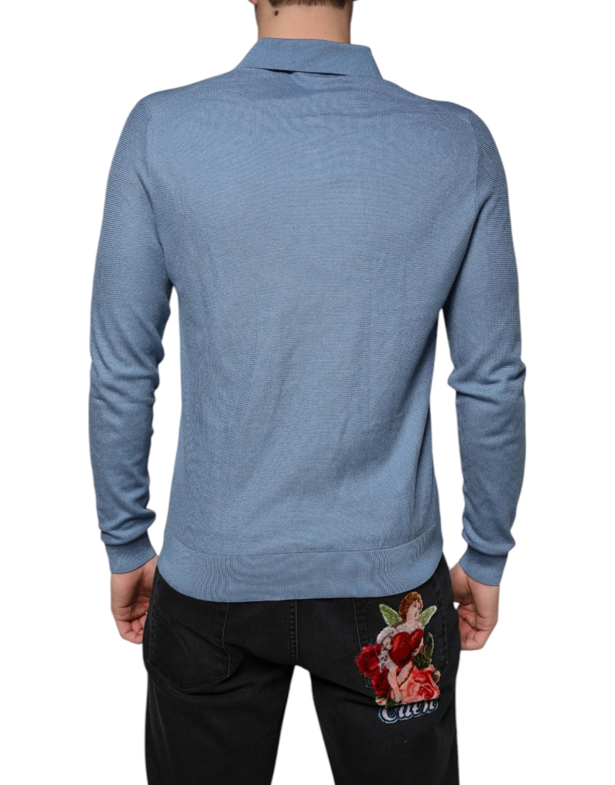 Dolce & Gabbana Sky Blue Silk Collared Men Pullover Sweater - IT48 | M - Sweaters