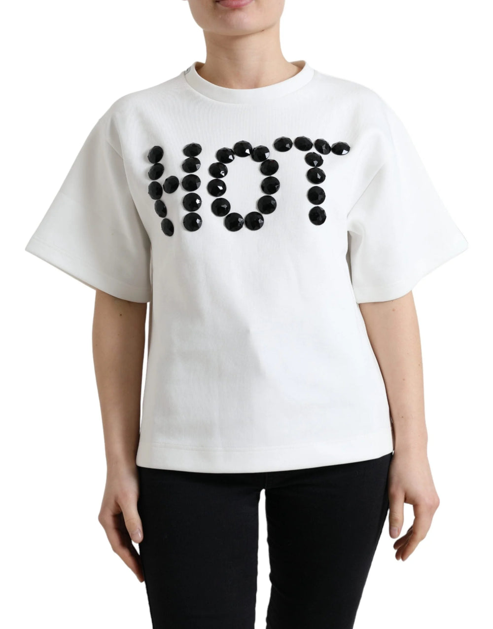 Dolce & Gabbana T-shirt White Cotton Stretch Black HOT Crystal - T-Shirts