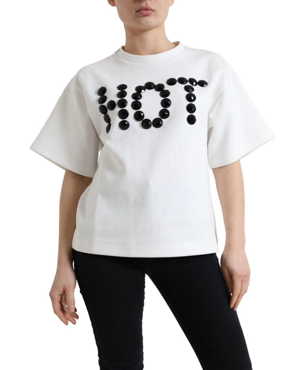 Dolce & Gabbana T-shirt White Cotton Stretch Black HOT Crystal - T-Shirts