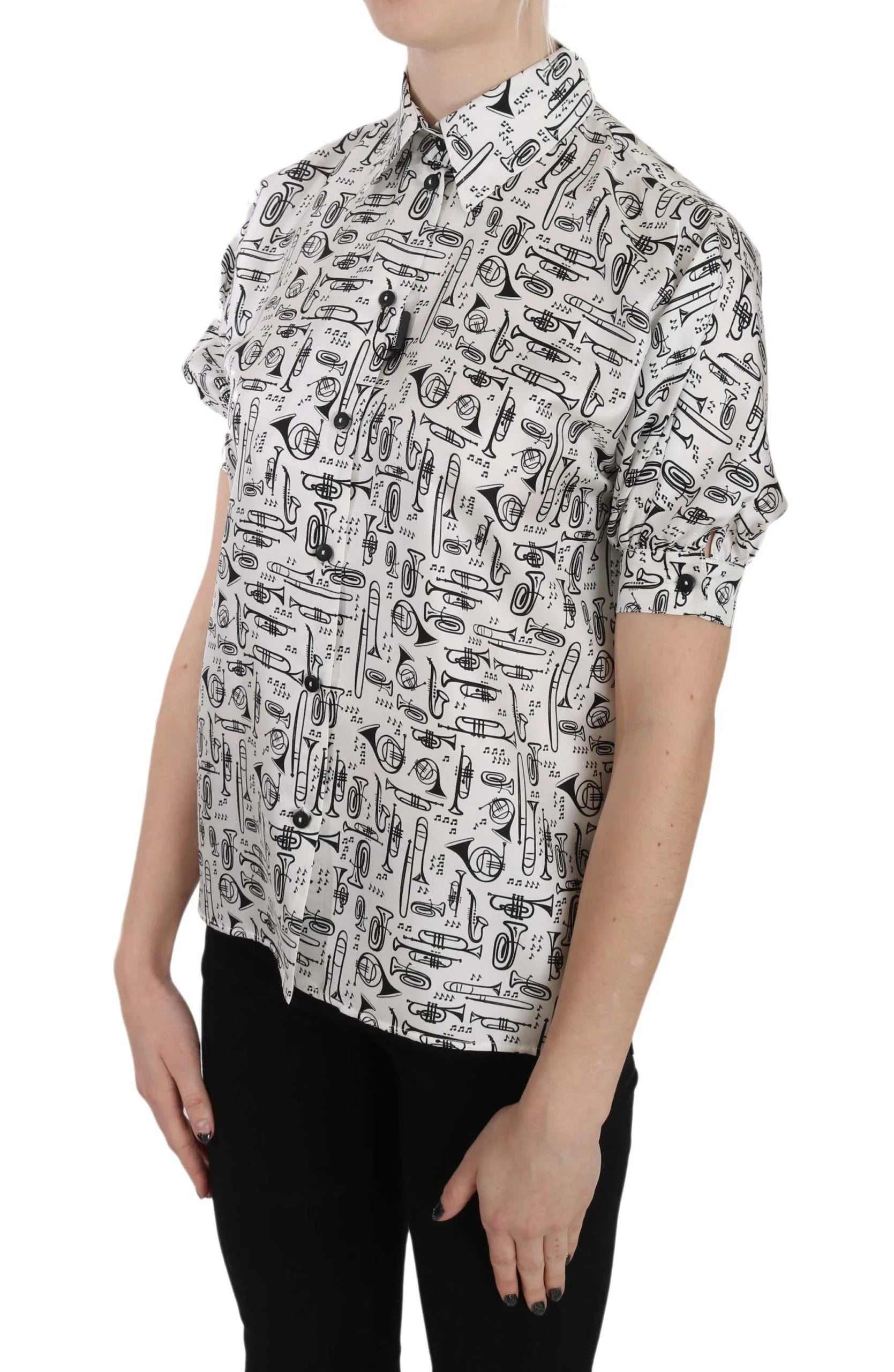 Dolce & Gabbana Trumpet Print Button Front Silk Top Blouse - IT36|XXS - Blouses