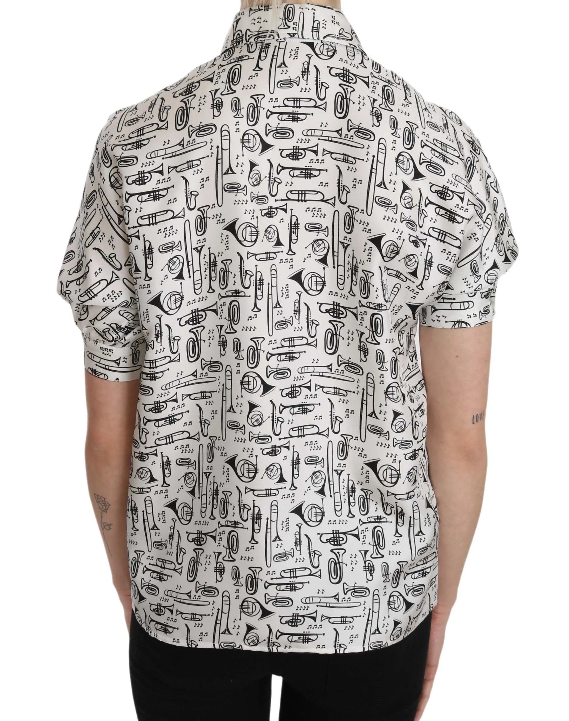 Dolce & Gabbana Trumpet Print Button Front Silk Top Blouse - IT36|XXS - Blouses