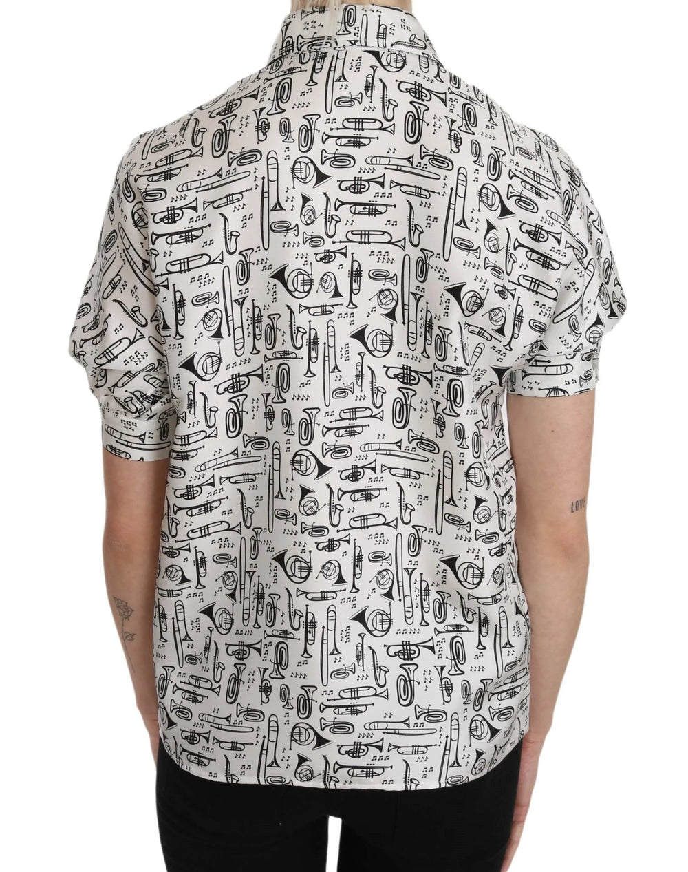 Dolce & Gabbana Trumpet Print Button Front Silk Top Blouse - IT36|XXS - Blouses