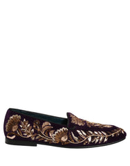 Dolce & Gabbana Violet Velvet Floral Embroidery Loafers Shoes - EU42/US9