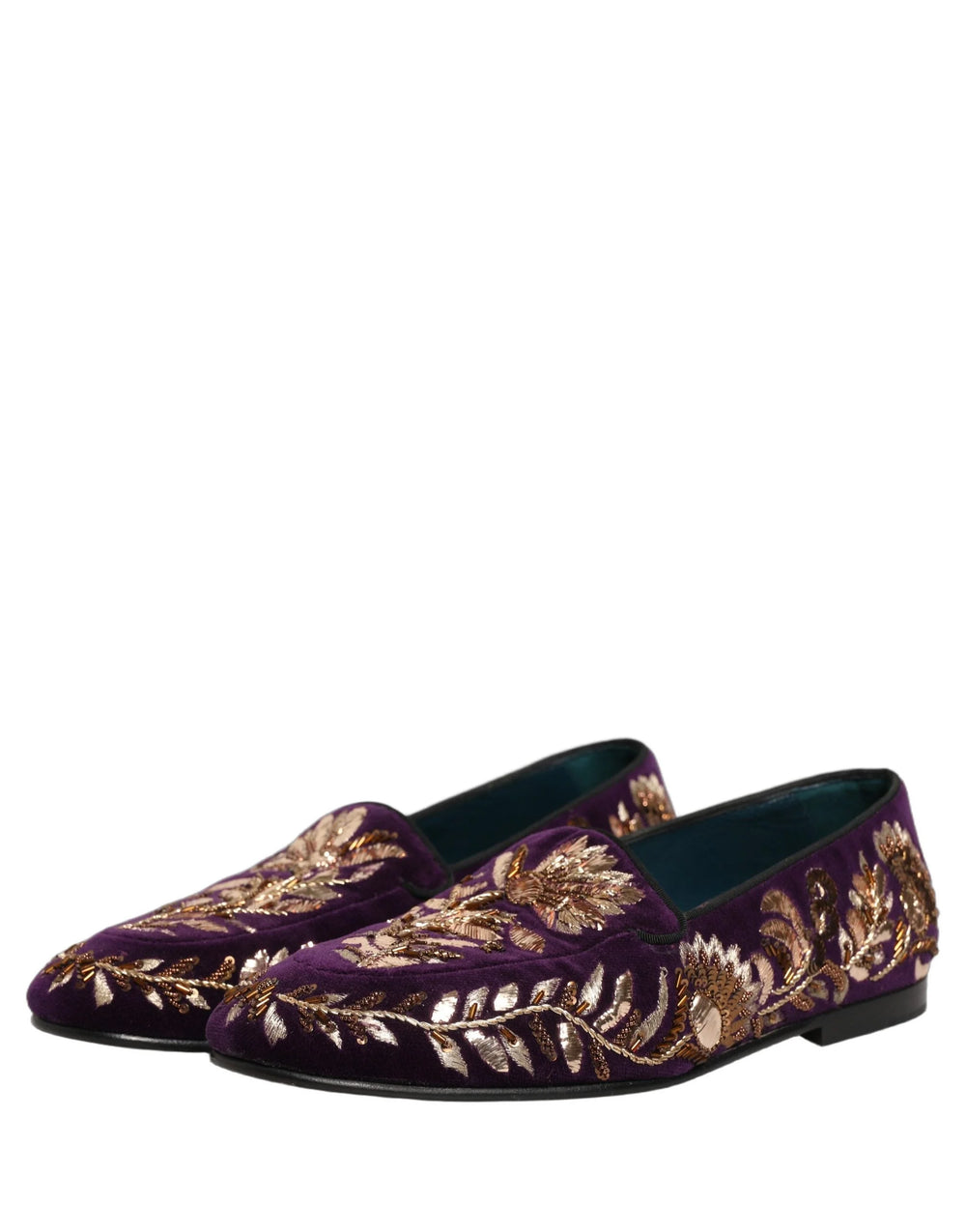 Sapatos Especiais Dolce & Gabbana: Mocassins de Veludo Roxo com Bordados Florais - EU42/US9
