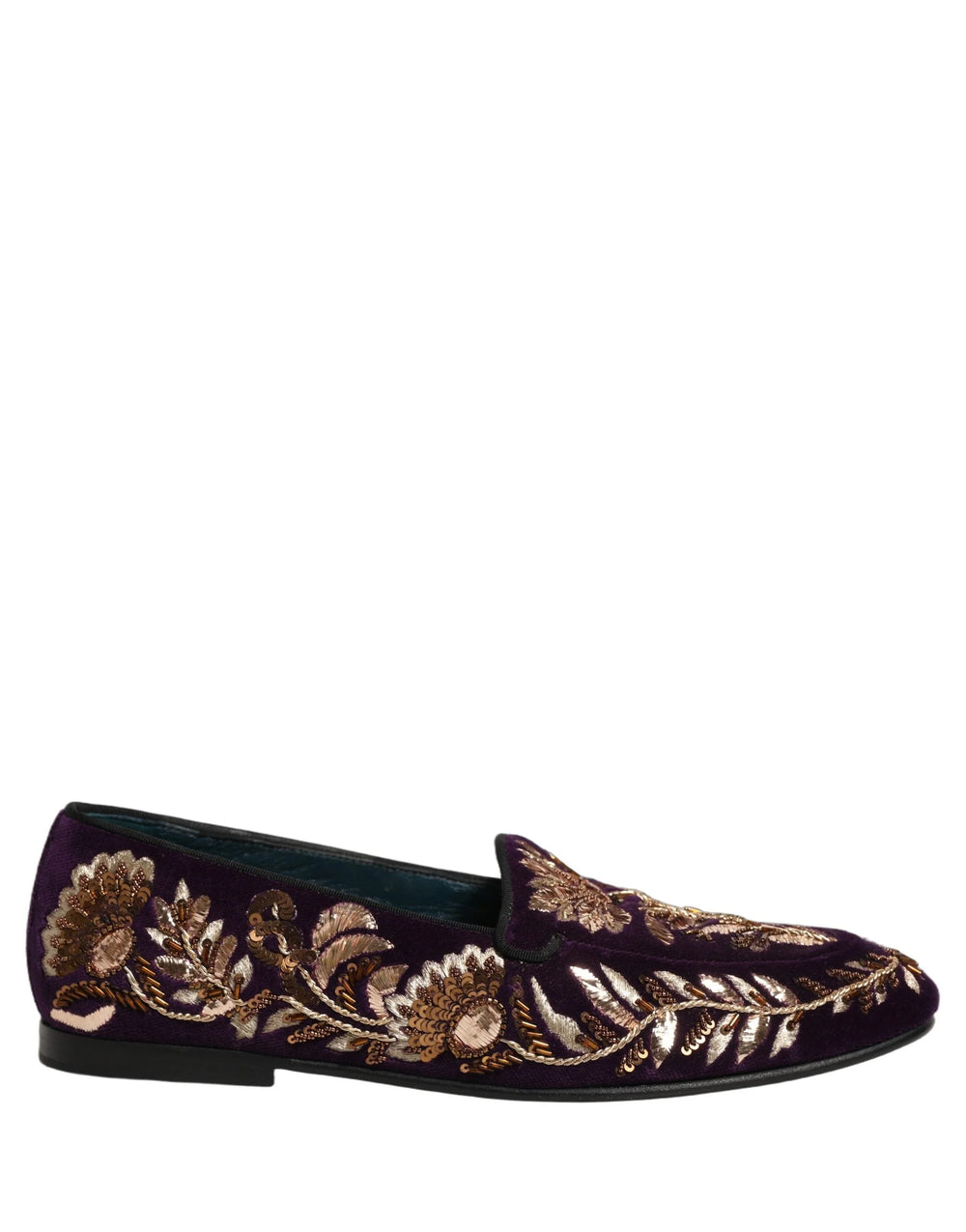 Sapatos Especiais Dolce & Gabbana: Mocassins de Veludo Roxo com Bordados Florais - EU42/US9