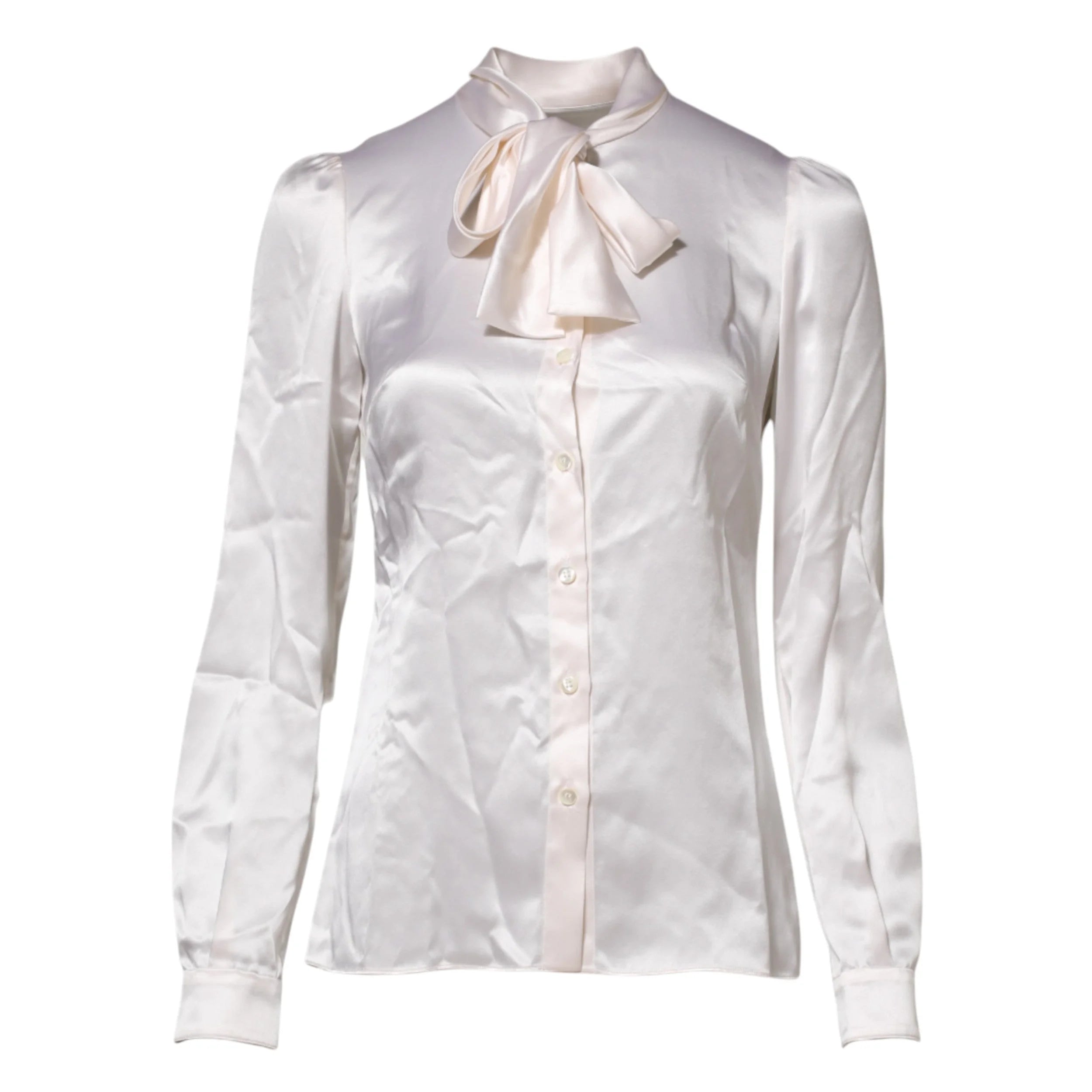 Dolce & Gabbana White Ascot Collar Long Sleeve Blouse Top - IT36|XXS - Blouses