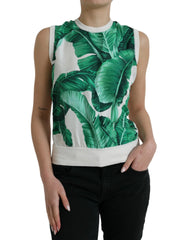 Dolce & Gabbana White Banana Leaf Print Crew Neck Tank Top - IT36 | XS - Tank Tops