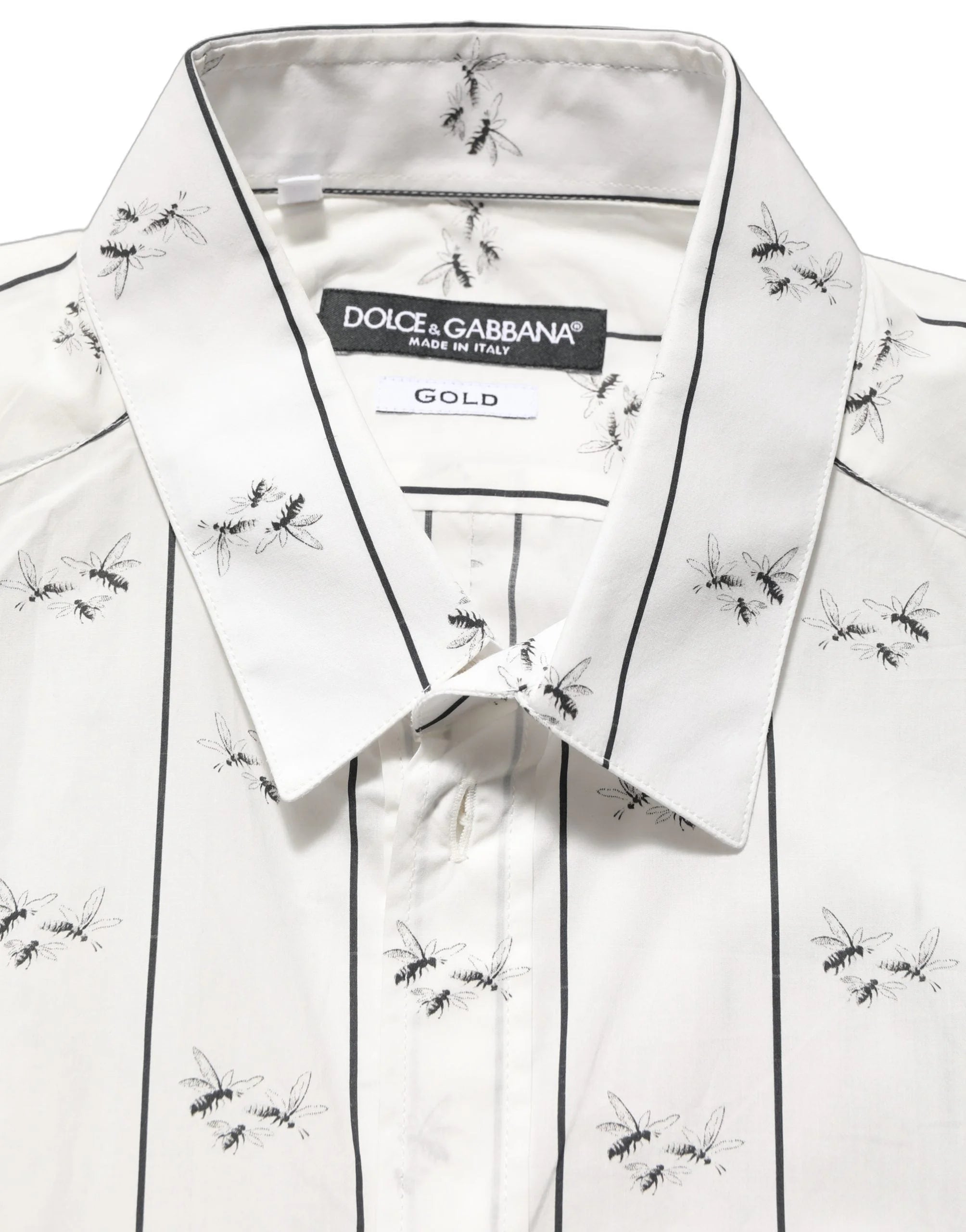 Dolce & Gabbana White Bee Print Cotton GOLD Fit Dress Shirt