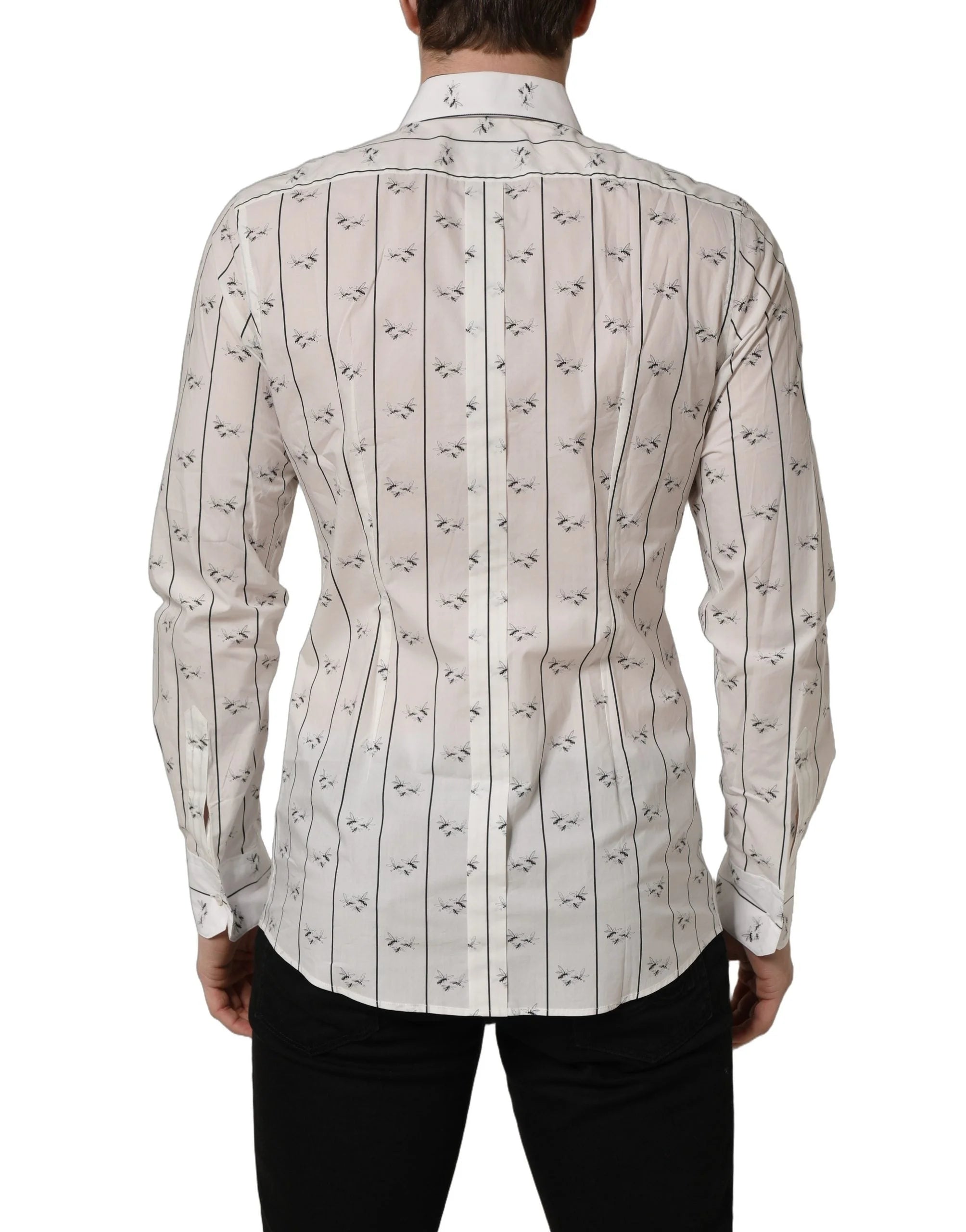 Dolce & Gabbana White Bee Print Cotton GOLD Fit Dress Shirt