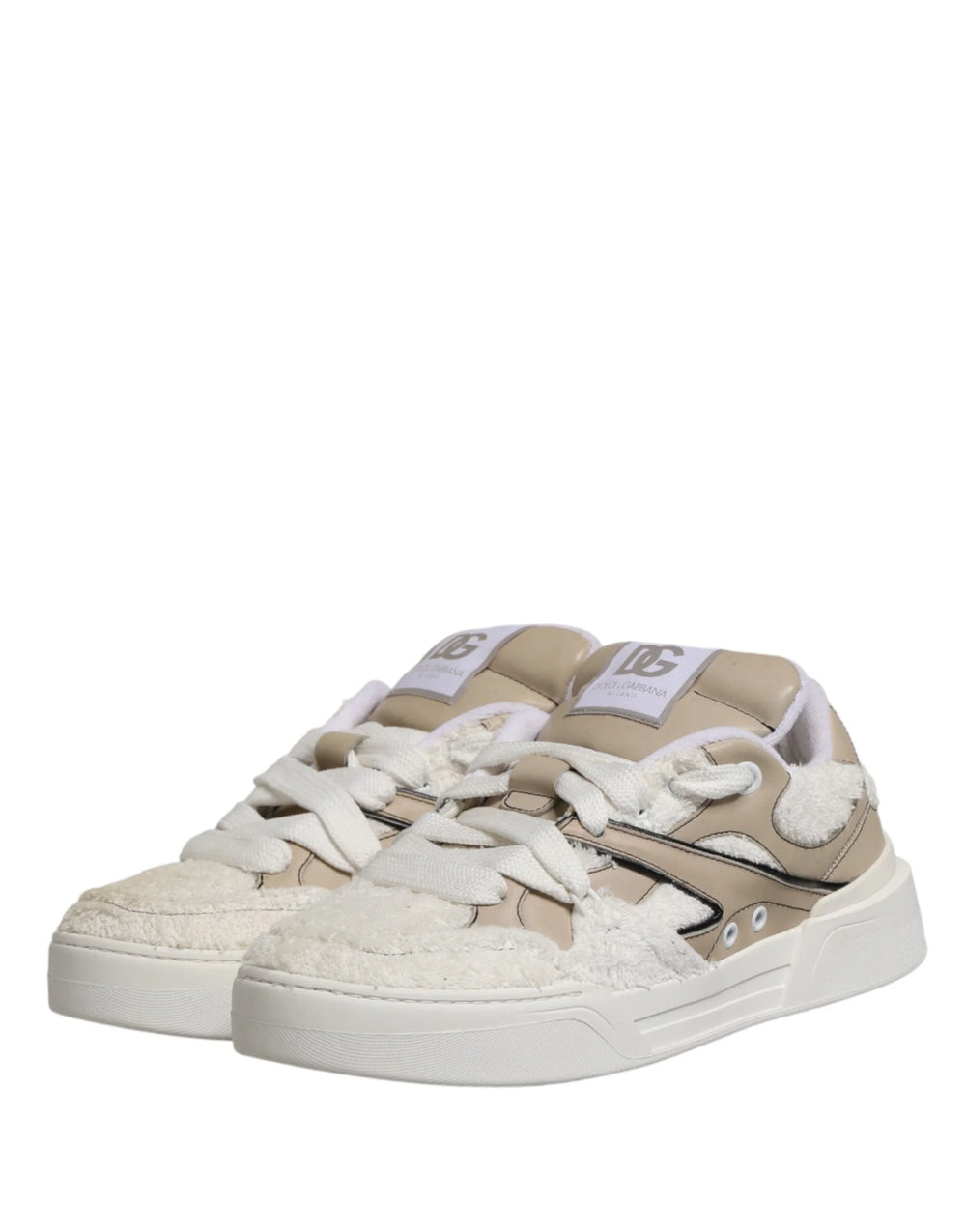 Dolce & Gabbana White Beige Faux Shearling Low Top Sneakers Shoes - EU44/US11