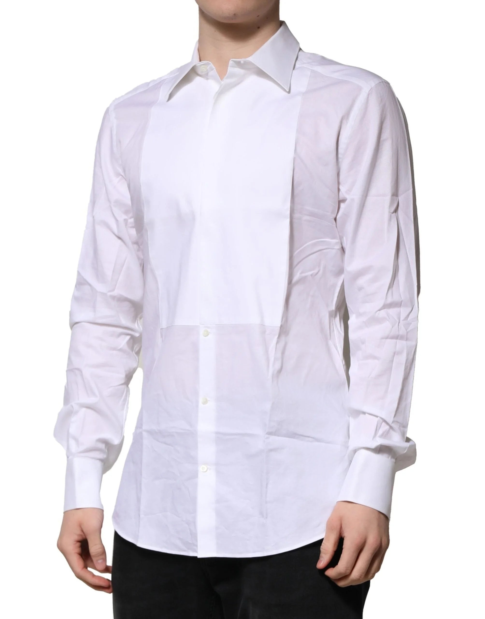Dolce & Gabbana White Bib Cotton Poplin GOLD Men Formal Shirt - Shirts