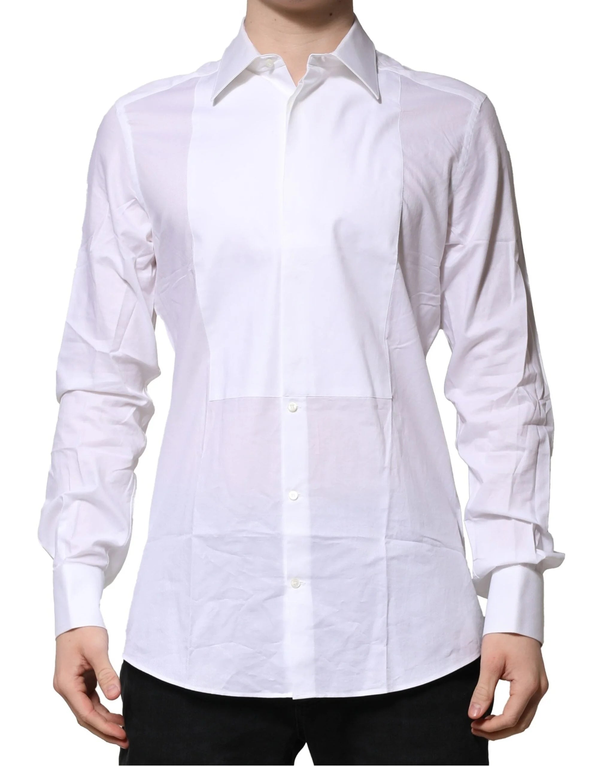 Dolce & Gabbana White Bib Cotton Poplin GOLD Men Formal Shirt - Shirts