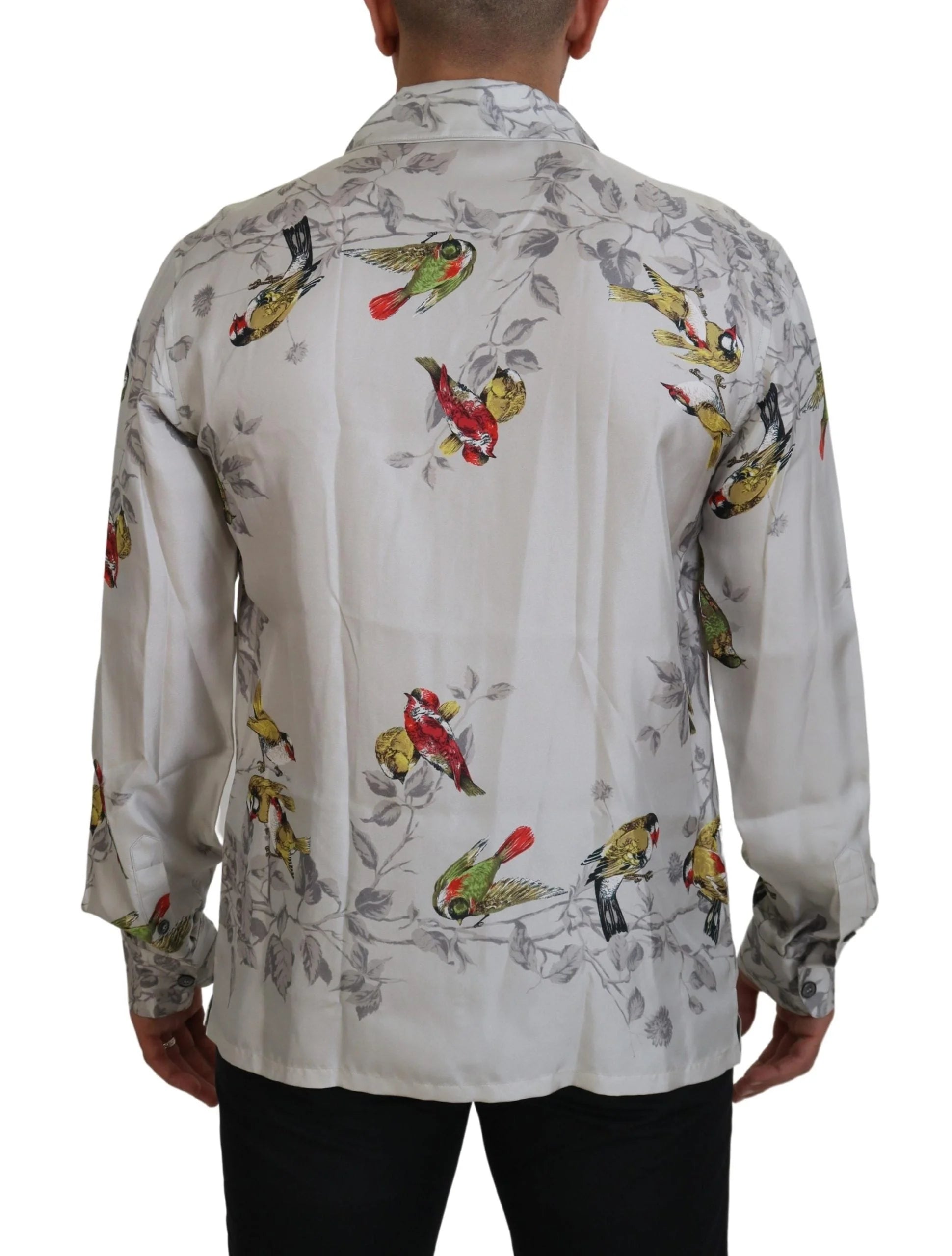 Dolce & Gabbana White Bird Print Silk Satin Casual Shirt - IT5 | M - Pajamas