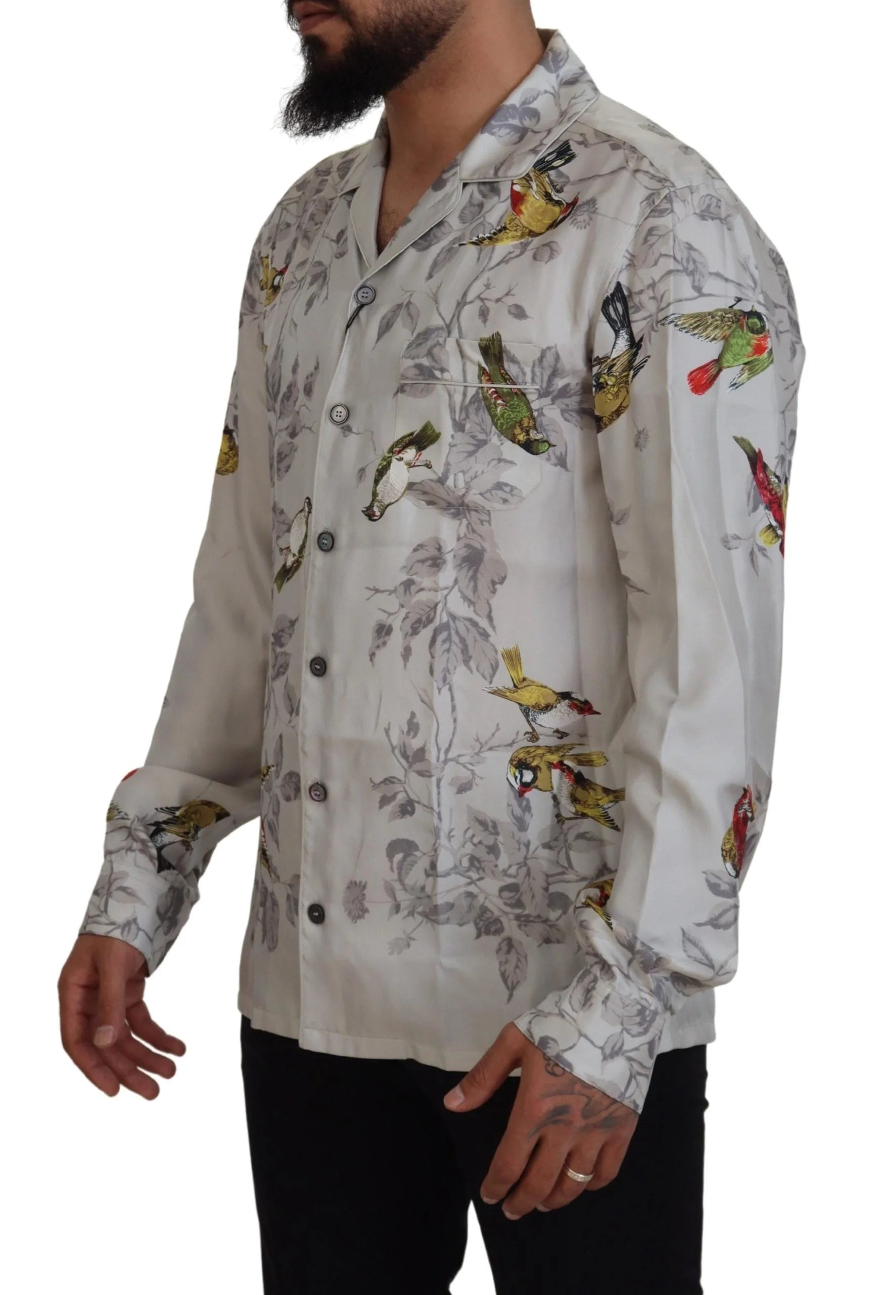 Dolce & Gabbana White Bird Print Silk Satin Casual Shirt - IT5 | M - Pajamas
