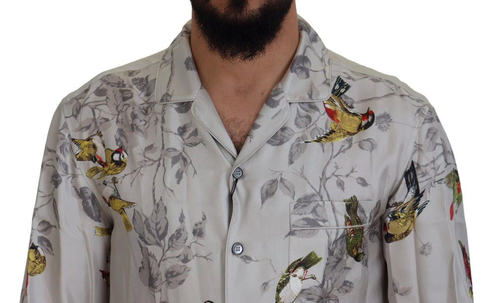 Dolce & Gabbana White Bird Print Silk Satin Casual Shirt - IT5 | M - Pajamas