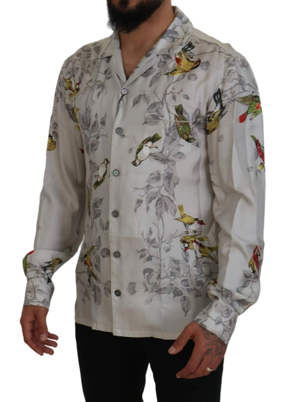 Dolce & Gabbana White Bird Print Silk Satin Casual Shirt - IT5 | M - Pajamas