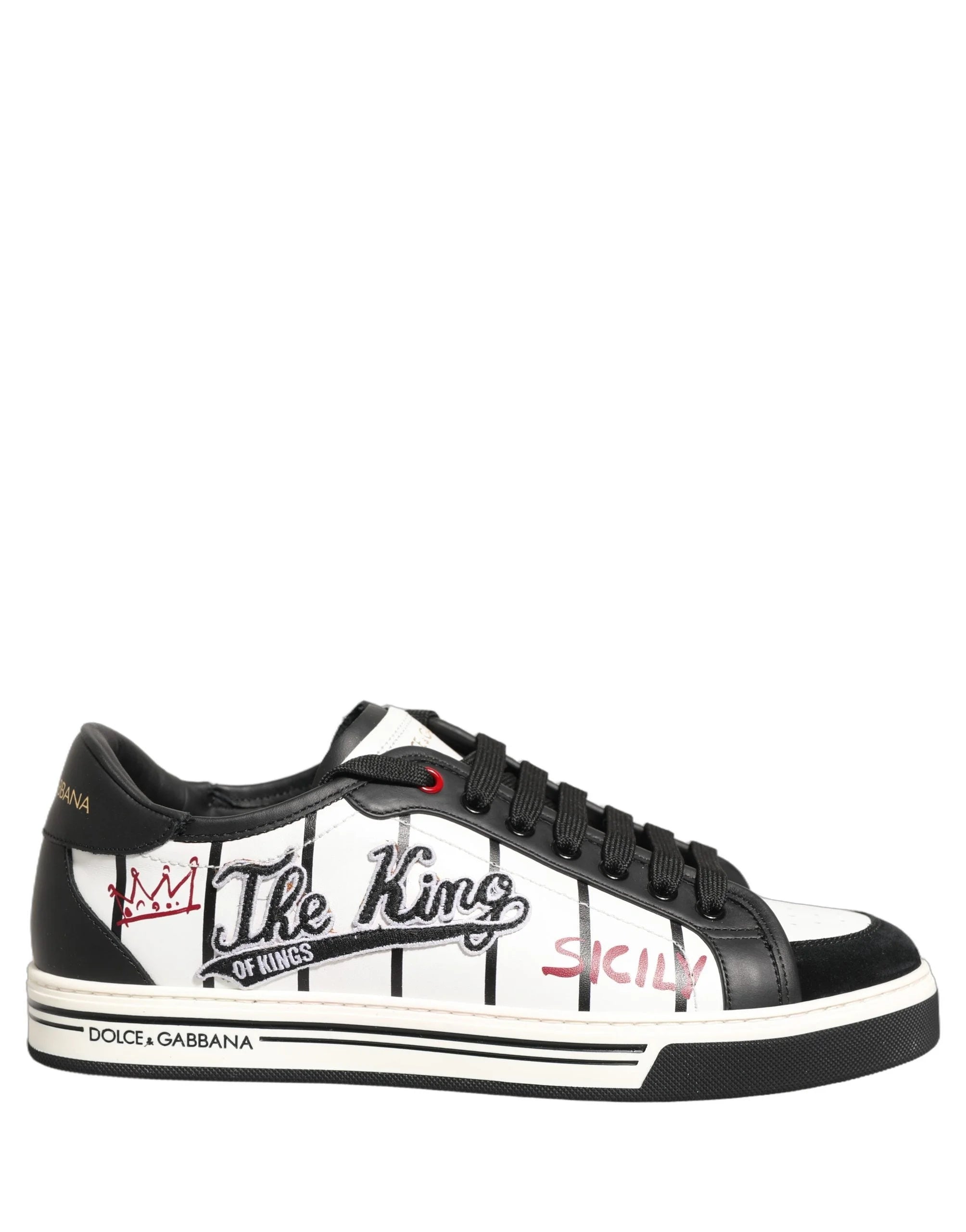 Dolce & Gabbana Zapatillas Deportivas Bajas Con Parche King Logo DG En Cuero Blanco Y Negro