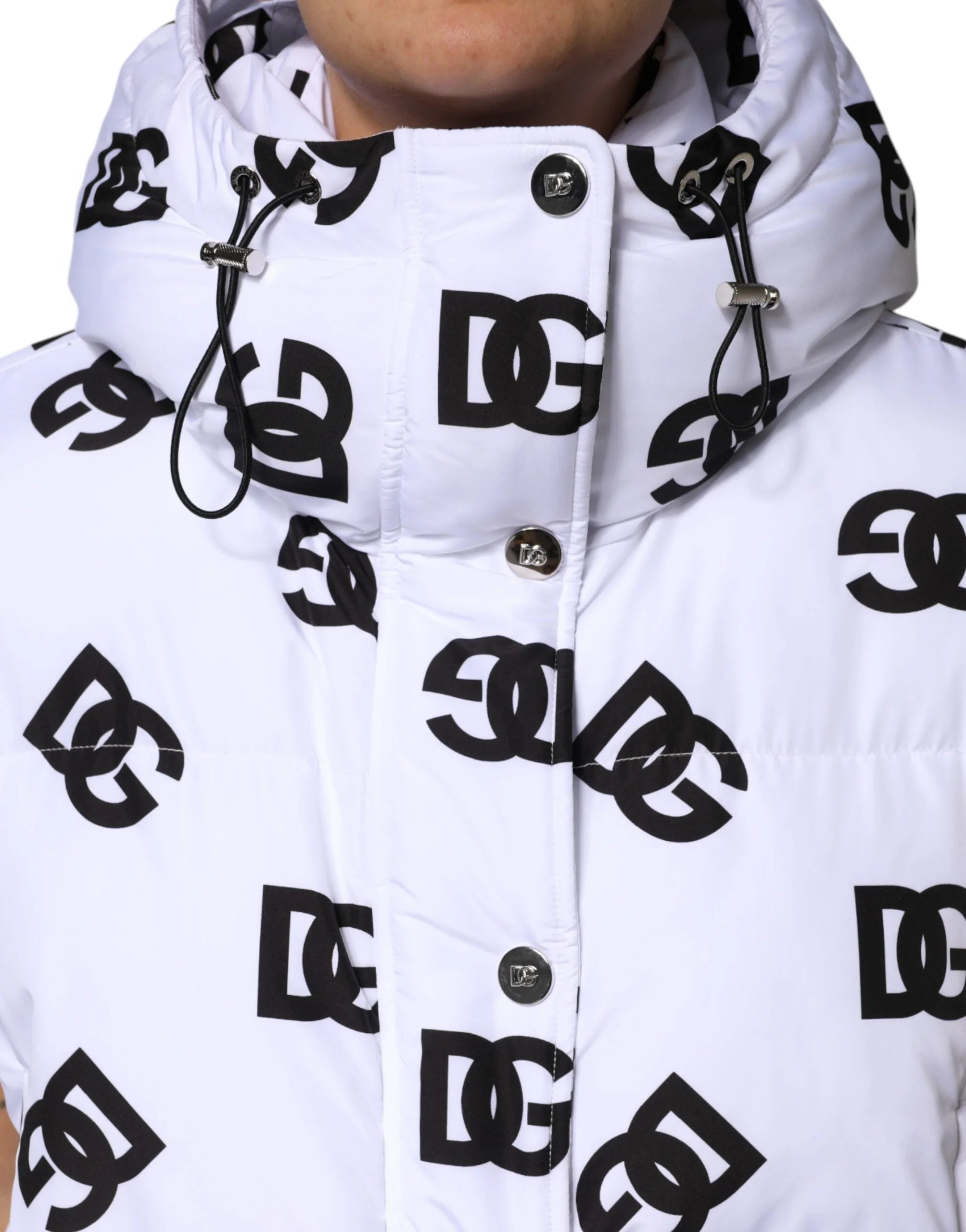 Dolce & Gabbana White Black DG Mania Polyester Puffer Jacket - IT44 | L - Puffer Jackets