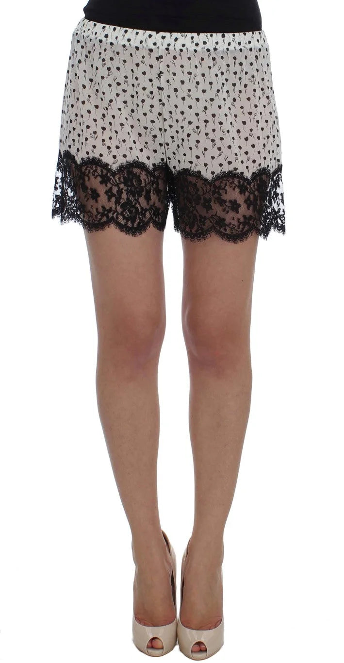 Dolce & Gabbana White Black Floral Lace Silk Sleepwear Shorts - S - Nightgowns