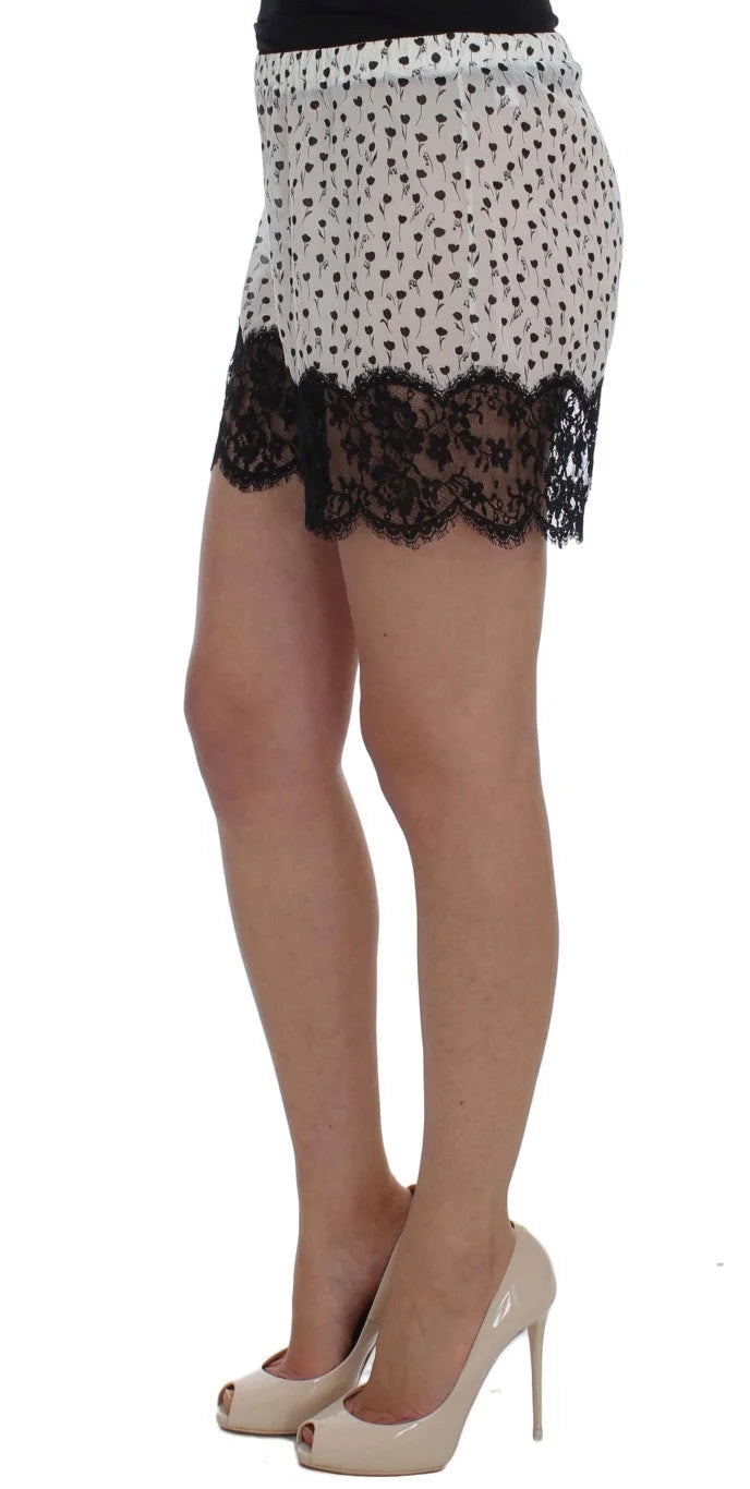 Dolce & Gabbana White Black Floral Lace Silk Sleepwear Shorts - S - Nightgowns