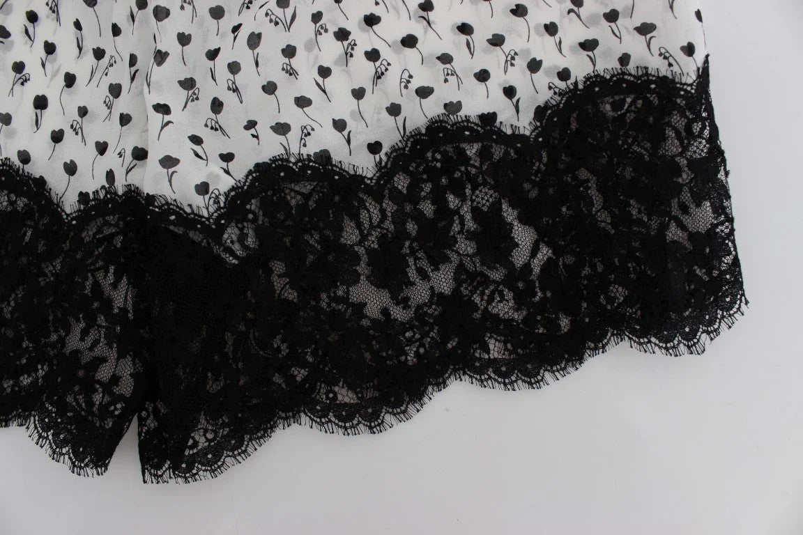 Dolce & Gabbana White Black Floral Lace Silk Sleepwear Shorts - S - Nightgowns
