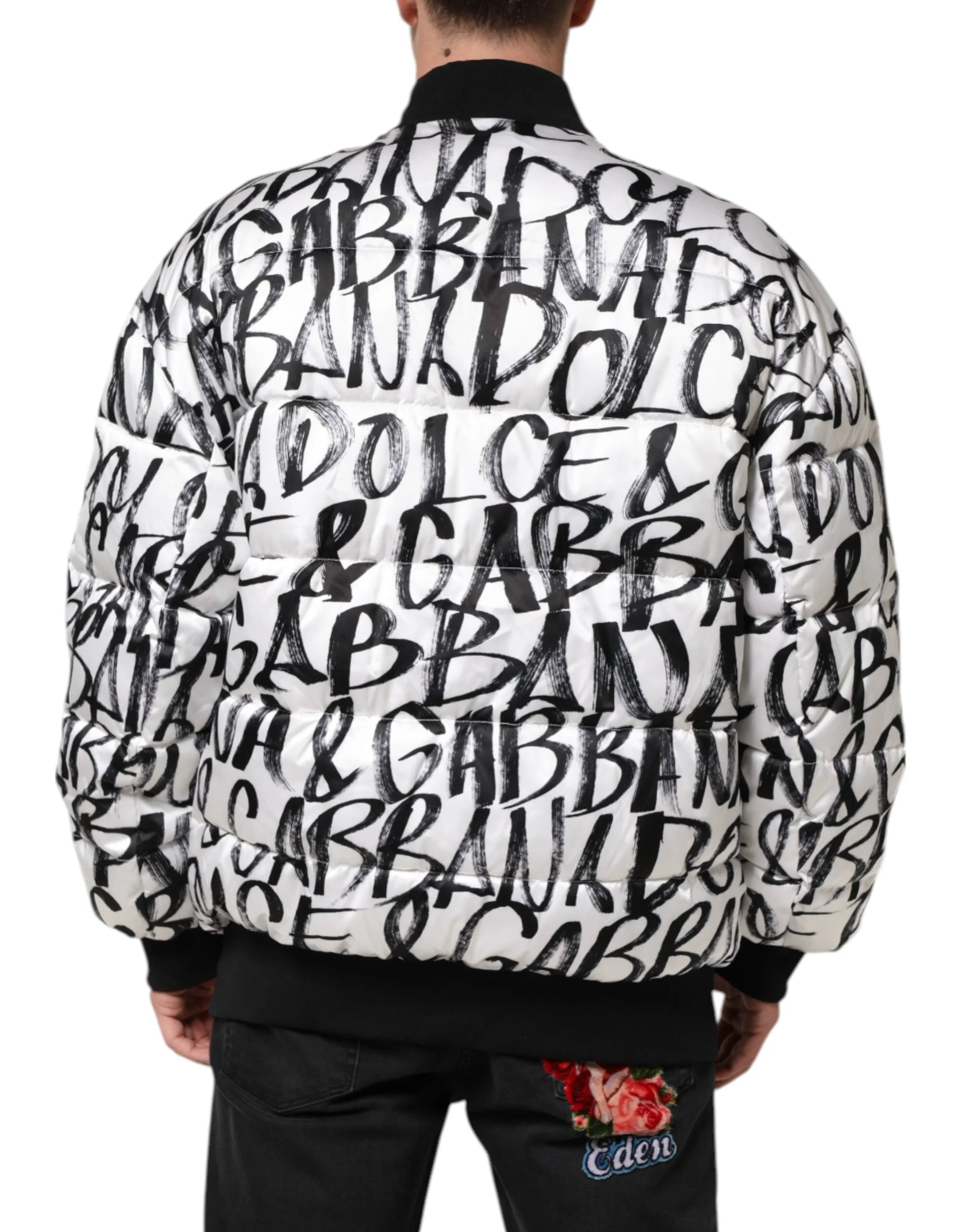 Dolce & Gabbana White Black Graffiti Logo Puffer Bomber Jacket - L - Bomber Jackets