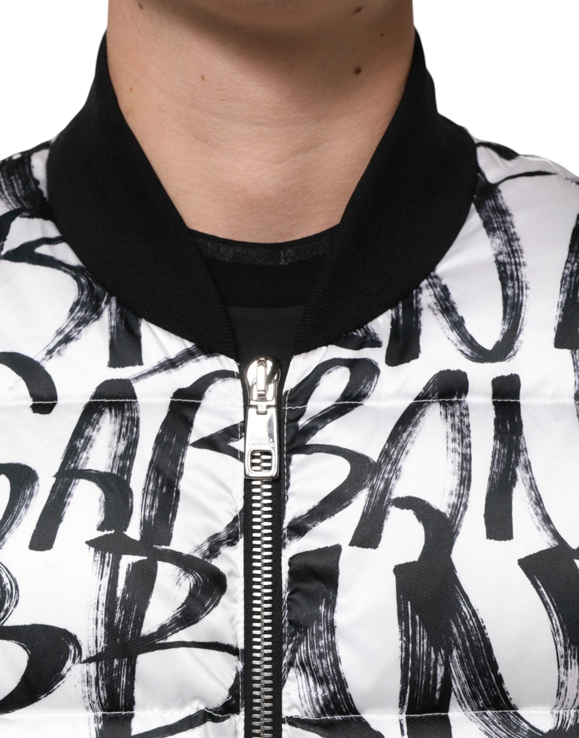 Dolce & Gabbana White Black Graffiti Logo Puffer Bomber Jacket - L - Bomber Jackets