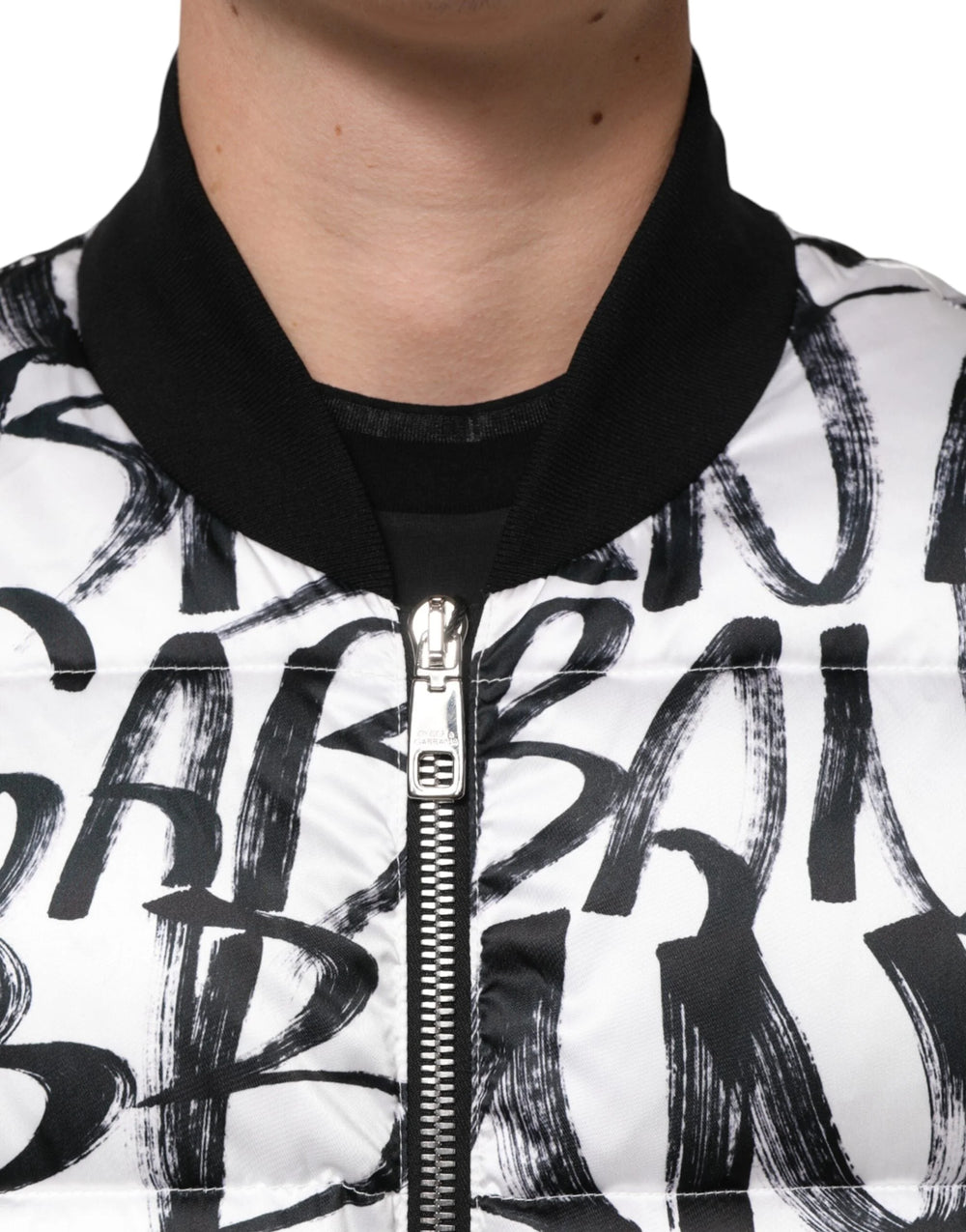 Dolce & Gabbana White Black Graffiti Logo Puffer Bomber Jacket - L - Bomber Jackets
