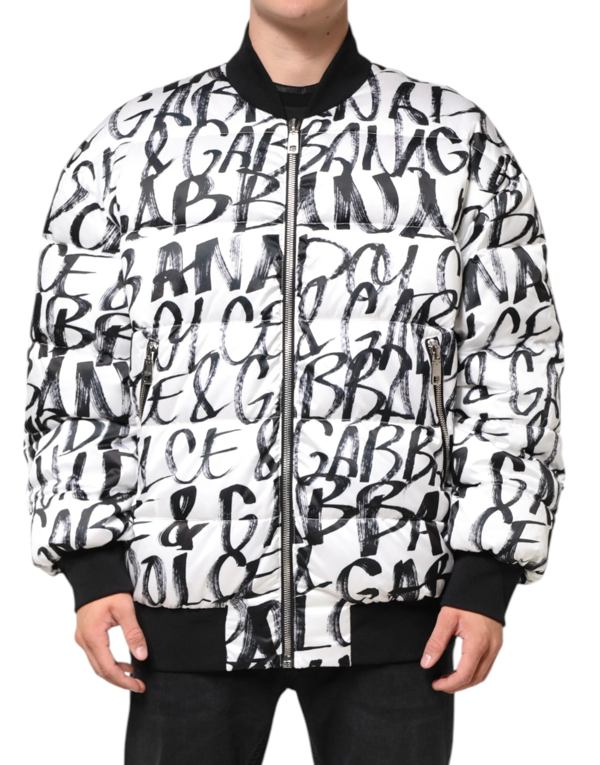 Dolce & Gabbana White Black Graffiti Logo Puffer Bomber Jacket - L - Bomber Jackets