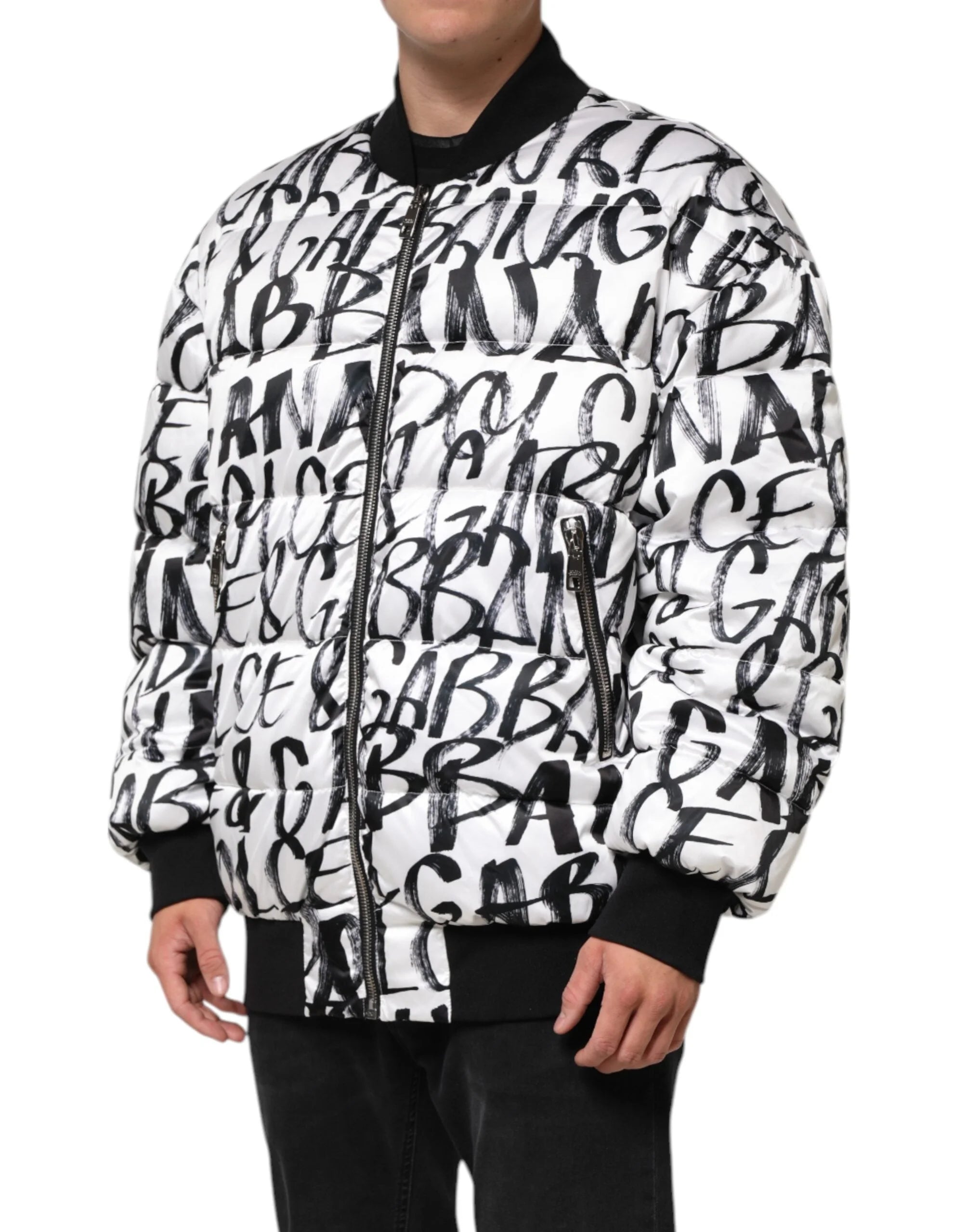 Dolce & Gabbana White Black Graffiti Logo Puffer Bomber Jacket - L - Bomber Jackets