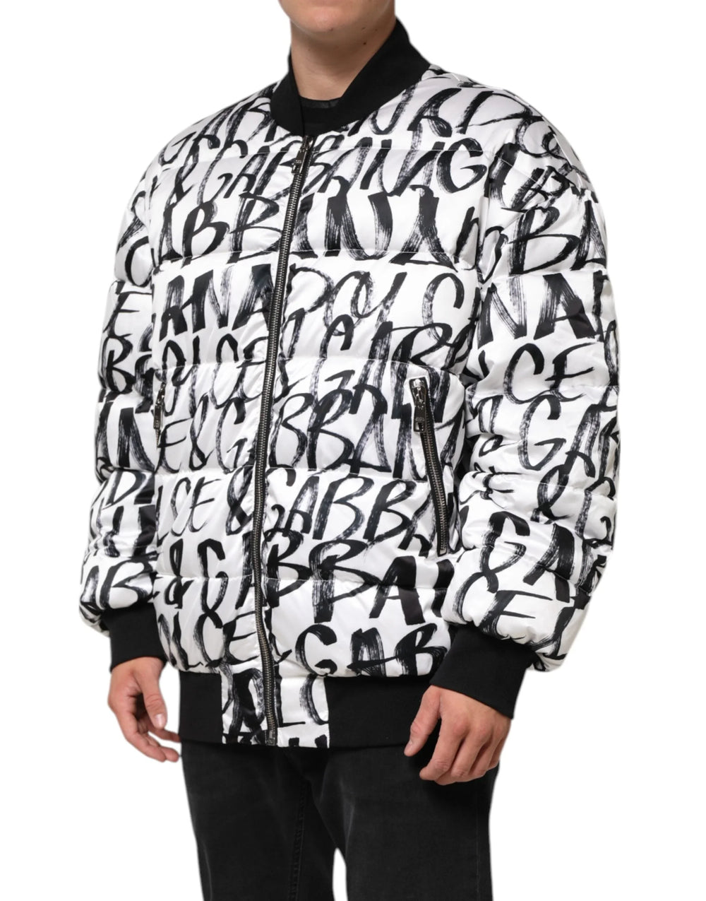 Dolce & Gabbana White Black Graffiti Logo Puffer Bomber Jacket - L - Bomber Jackets