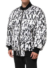 Dolce & Gabbana White Black Graffiti Logo Puffer Bomber Jacket - L - Bomber Jackets