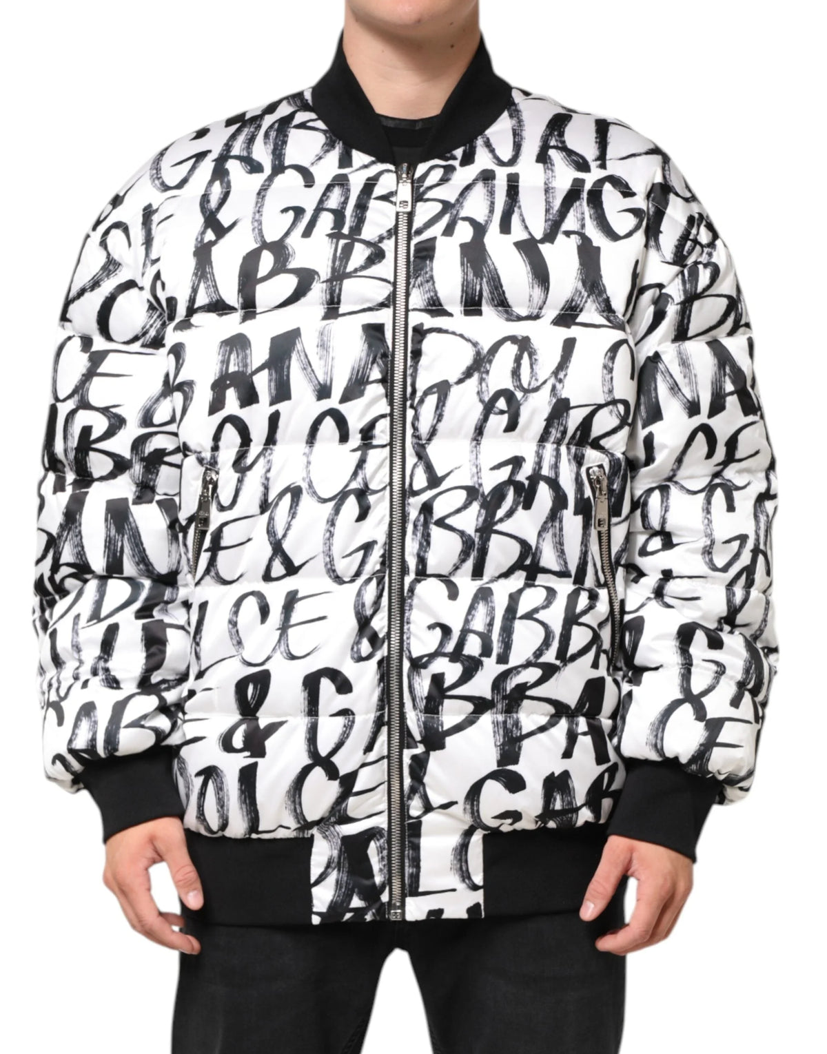 Dolce & Gabbana White Black Graffiti Logo Puffer Bomber Jacket - L - Bomber Jackets