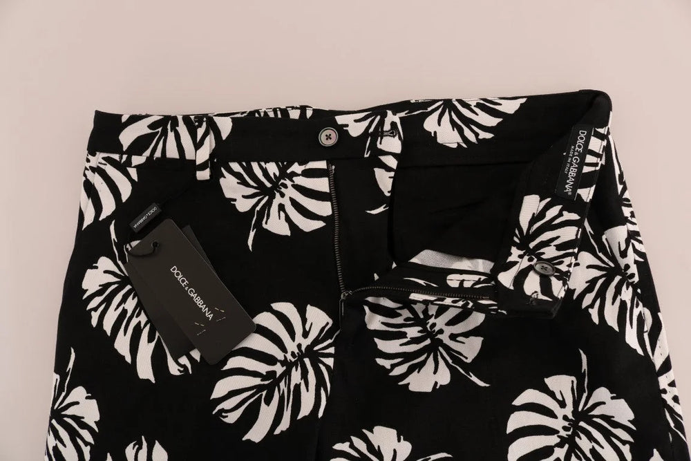 Dolce & Gabbana White Black Leaf Cotton Stretch Slim Pants - Trousers