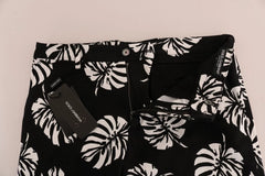 Dolce & Gabbana White Black Leaf Cotton Stretch Slim Pants - Trousers