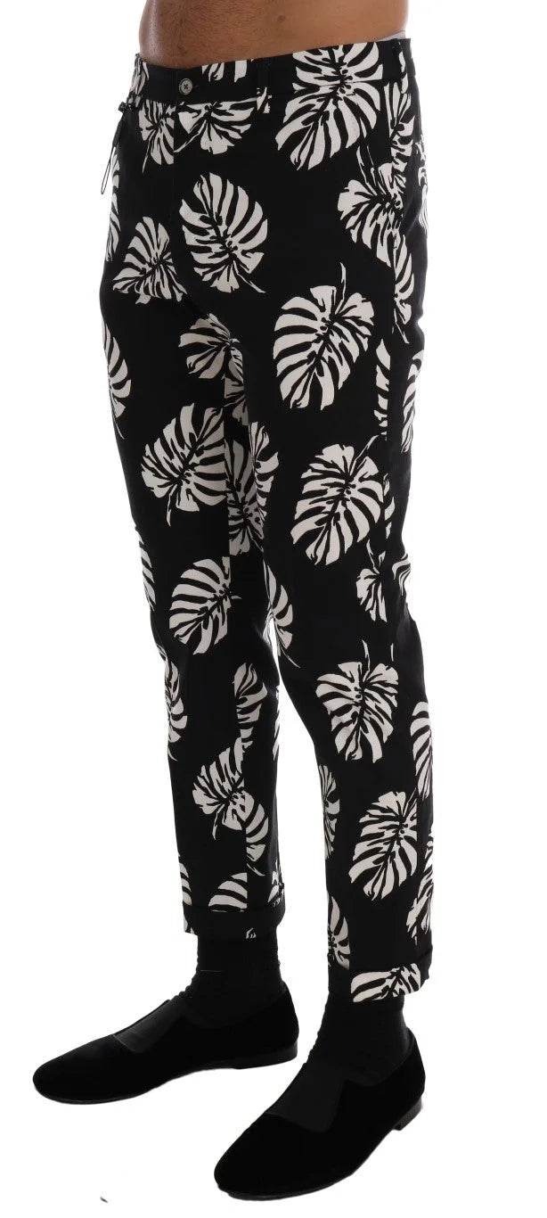Dolce & Gabbana White Black Leaf Cotton Stretch Slim Pants - Trousers