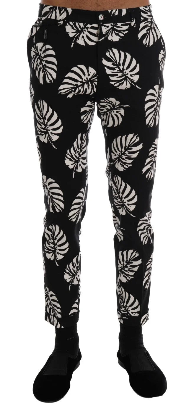 Dolce & Gabbana White Black Leaf Cotton Stretch Slim Pants - Trousers
