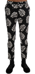 Dolce & Gabbana White Black Leaf Cotton Stretch Slim Pants - Trousers