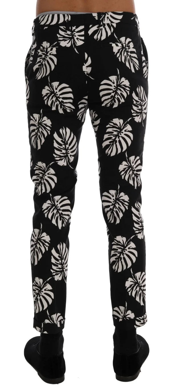 Dolce & Gabbana White Black Leaf Cotton Stretch Slim Pants - Trousers