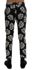 Dolce & Gabbana White Black Leaf Cotton Stretch Slim Pants - Trousers