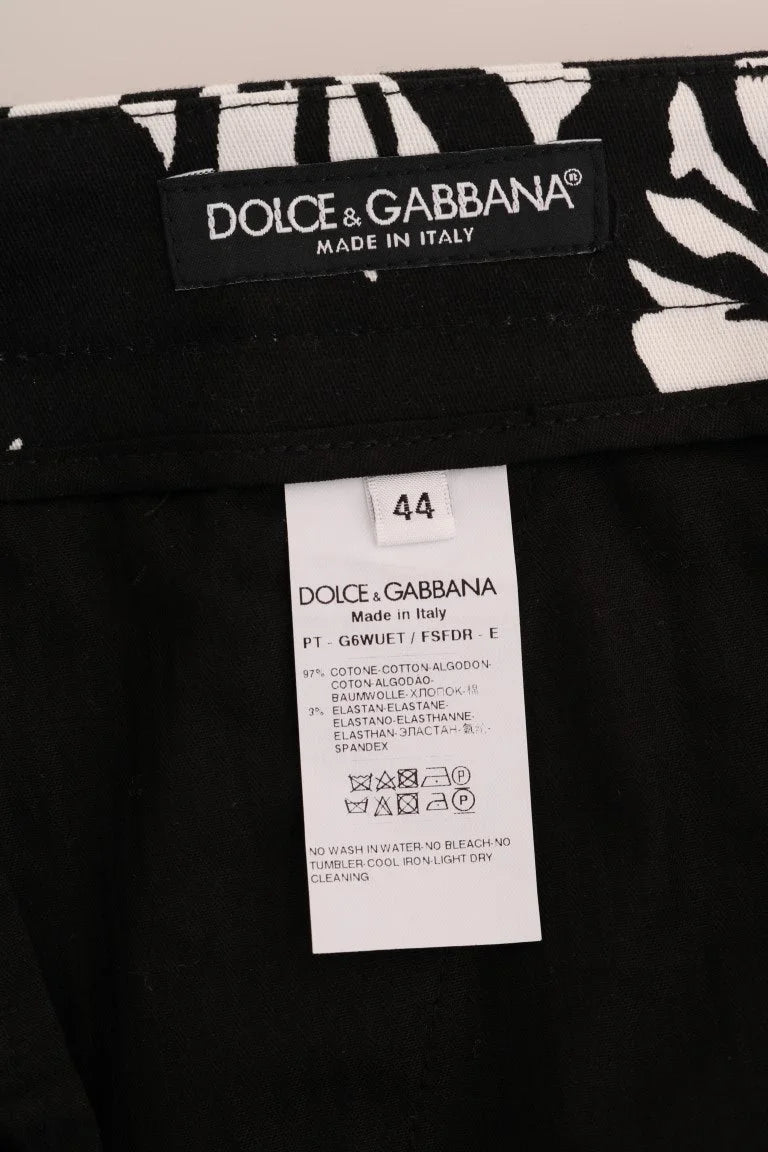Dolce & Gabbana White Black Leaf Cotton Stretch Slim Pants - Trousers