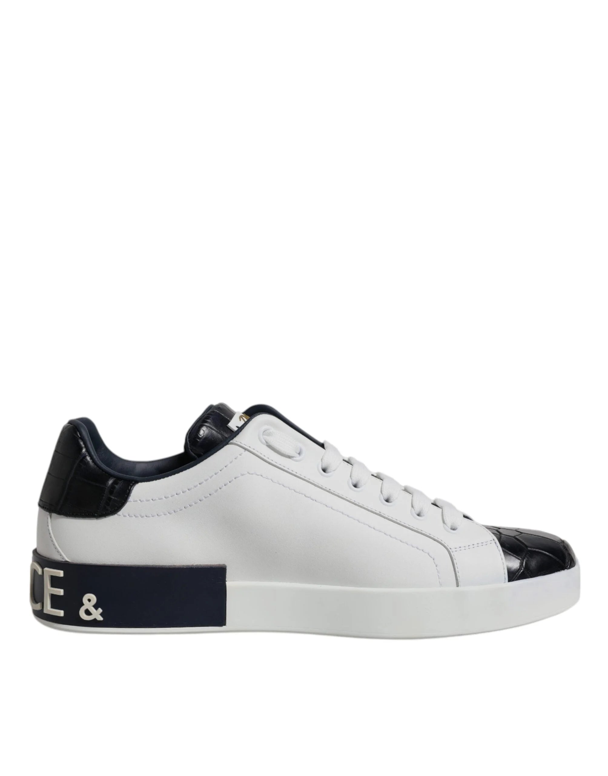 Dolce & Gabbana White Black Leather Portofino Sneakers Shoes - Sneakers