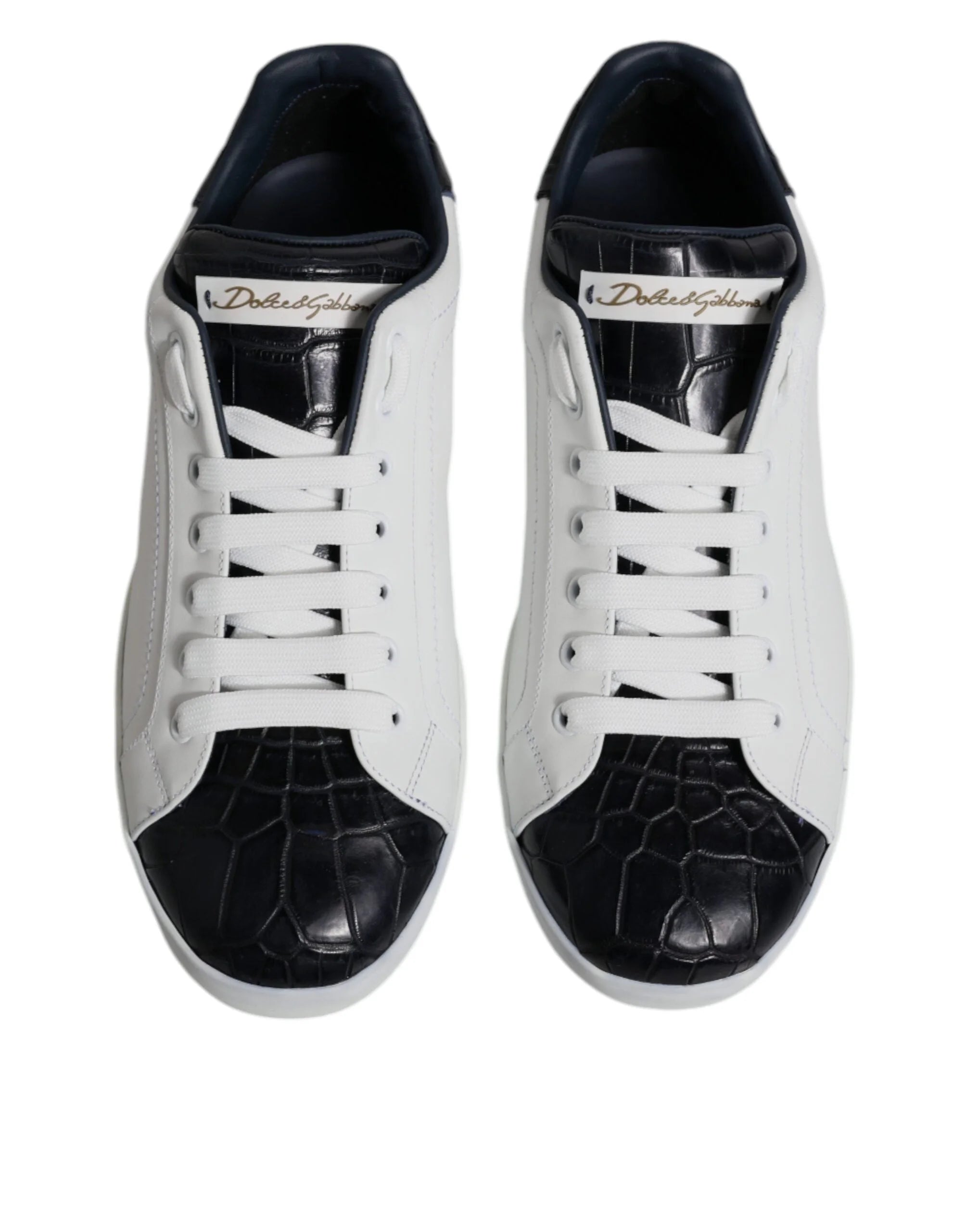 Dolce & Gabbana White Black Leather Portofino Sneakers Shoes - Sneakers