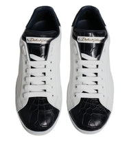 Dolce & Gabbana White Black Leather Portofino Sneakers Shoes - Sneakers